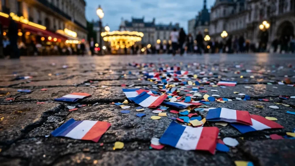 Drapeaux français miniatures et confettis éparpillés sur les pavés d'une place publique en soirée.
