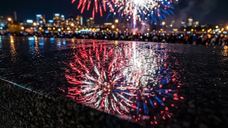 Reflet de feux d'artifice rouges et bleus sur une surface en pierre humide sombre.