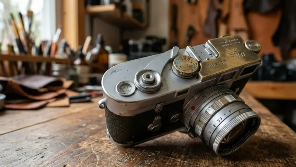 Un appareil photo Leica argentique vintage posé sur un établi en bois d'atelier.