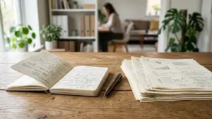 Cahier ouvert et feuilles de graphiques sur une table en bois avec une personne floue