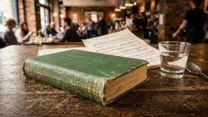 Un vieux livre à couverture verte posé sur une table en bois dans un café.