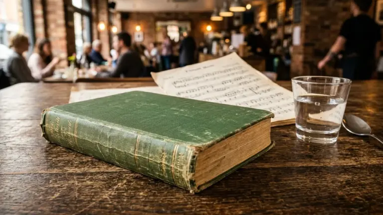 Un vieux livre à couverture verte posé sur une table en bois dans un café.