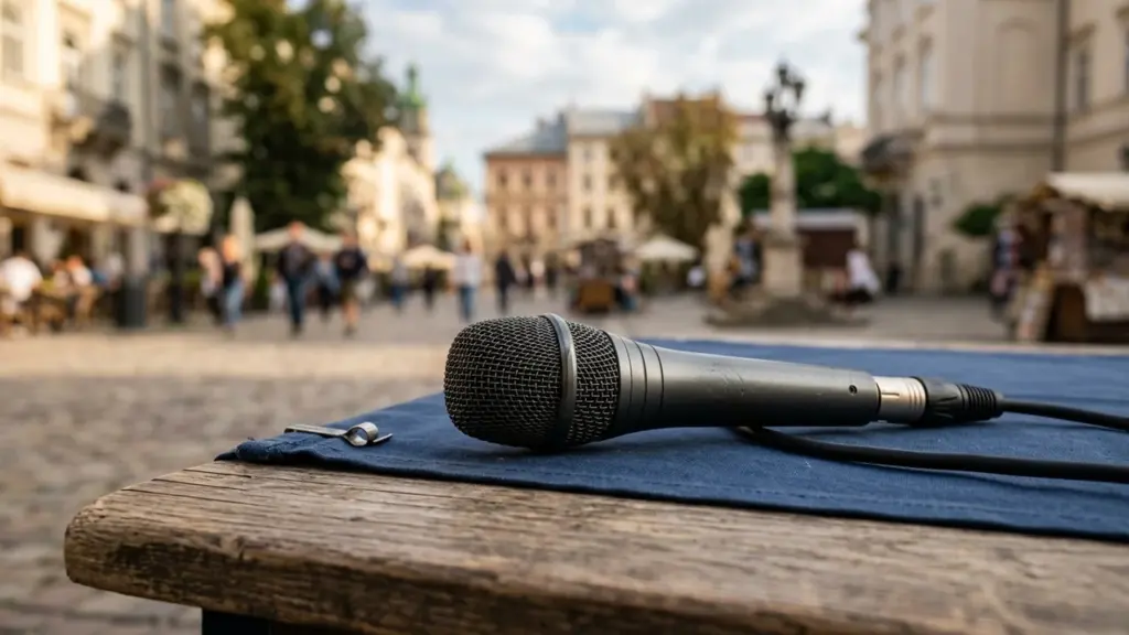 Un microphone noir posé sur une table en bois avec une place publique floue.