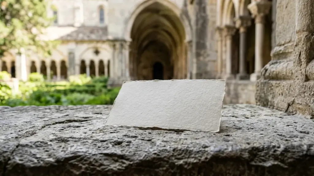 Une carte rectangulaire en papier texturé posée sur un mur de pierre ancienne