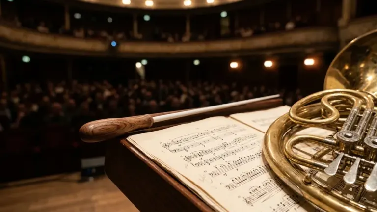 Un pupitre avec une partition et une baguette, vus depuis une scène de théâtre sombre.