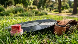 Un disque vinyle noir, un embout de bombe aérosol et une sangle dans l'herbe.