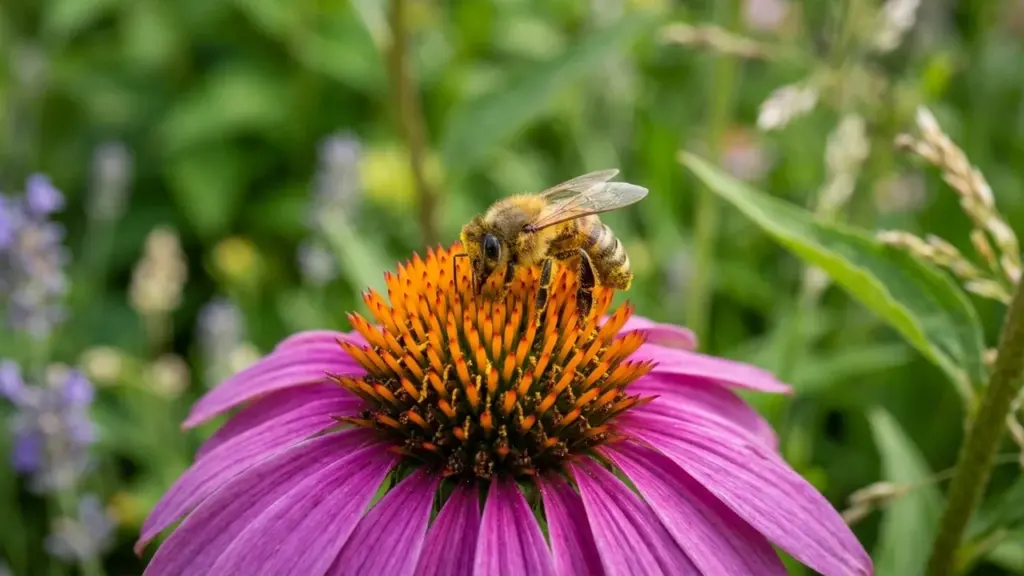 Une abeille butine le cœur orange d'une grande fleur rose dans un jardin verdoyant.