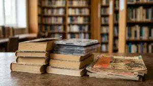 Piles de vieux livres, boîtiers de CD et magazines sur une table en bois.