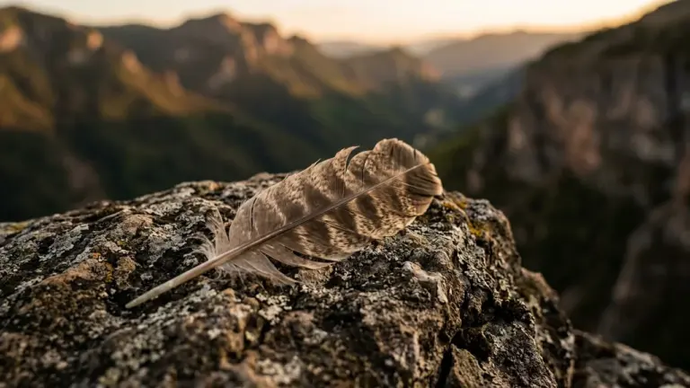 Une plume tachetée posée sur un rocher escarpé avec des montagnes floues en arrière-plan.