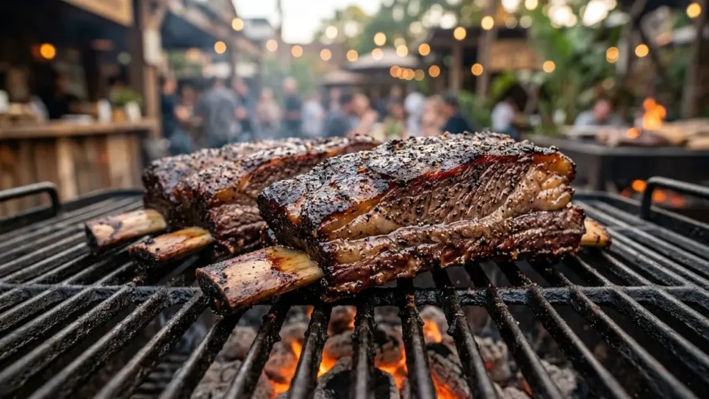De grosses côtes de bœuf grillées sur un barbecue fumant avec des braises ardentes.