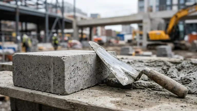 Une truelle posée sur du mortier frais à côté d'un parpaing gris en chantier.