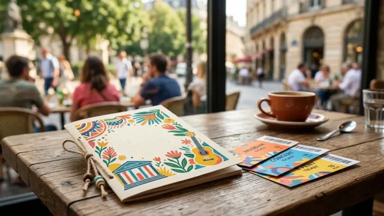 Un carnet illustré et des billets de spectacle sur une table de terrasse parisienne.