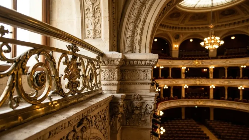 Balustrade dorée ornée surplombant l'intérieur luxueux d'un opéra historique avec des balcons éclairés.