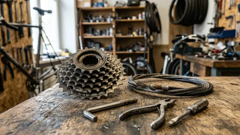 Une cassette de vélo Shimano usagée posée sur un établi en bois avec des outils.
