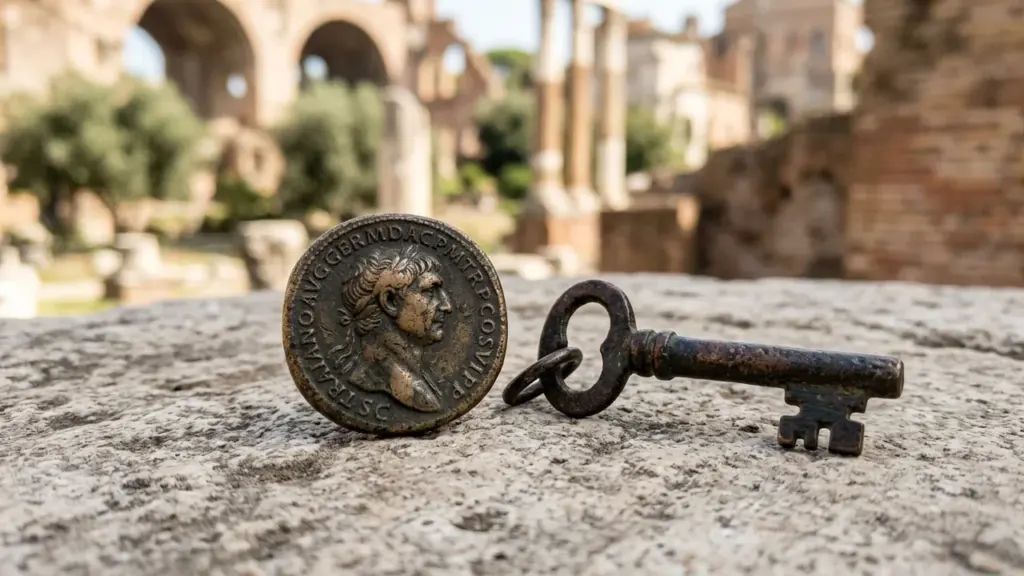 Une pièce de monnaie romaine antique et une vieille clé métallique sur pierre.
