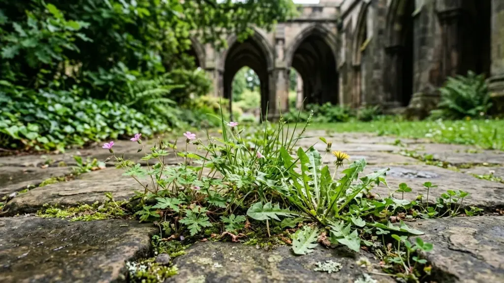 Des fleurs sauvages et des herbes poussant entre les dalles d'une ancienne abbaye.