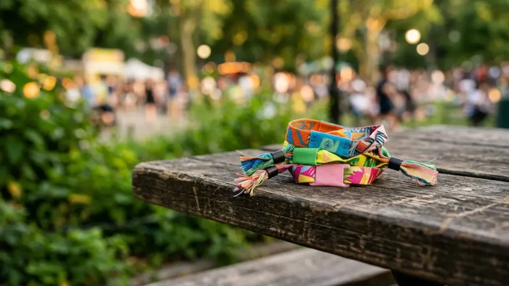Trois bracelets en tissu colorés posés sur une table en bois dans un parc.