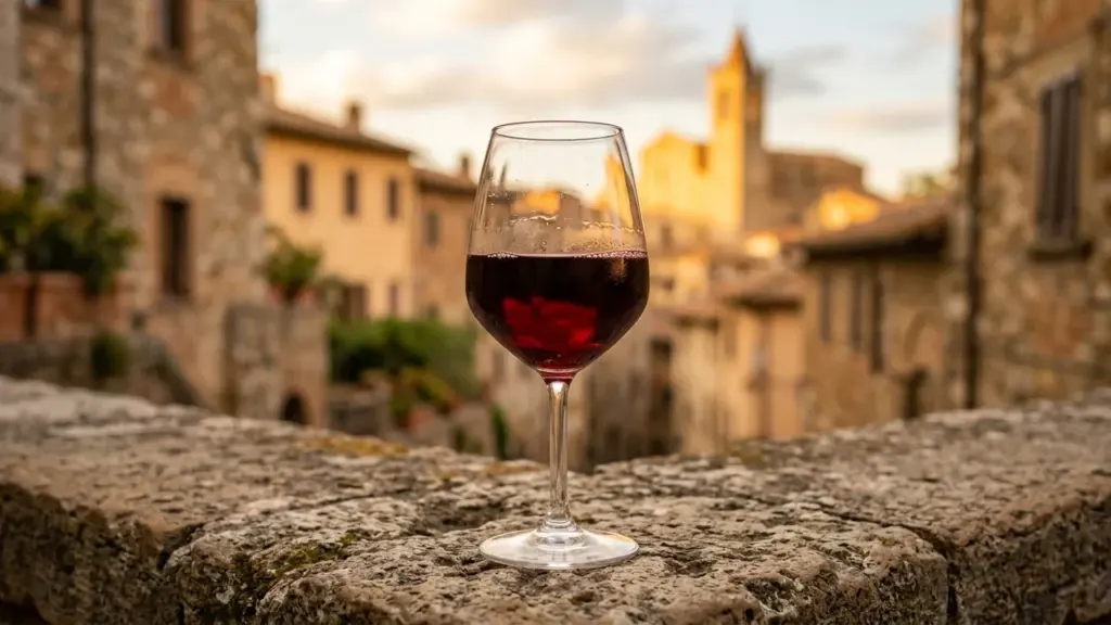 Un verre de vin rouge posé sur un muret en pierre dans un village italien.