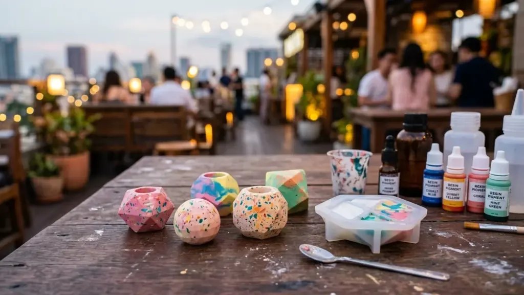 Objets géométriques colorés en résine sur une table avec des flacons de pigments.
