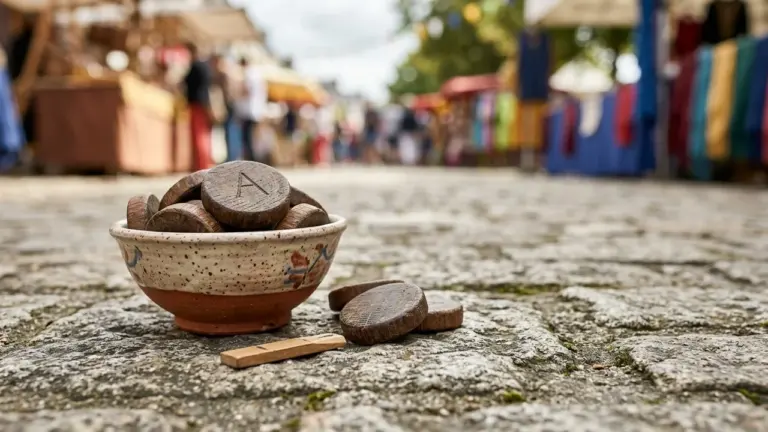 Un bol en céramique rempli de jetons en bois gravés sur un sol pavé.