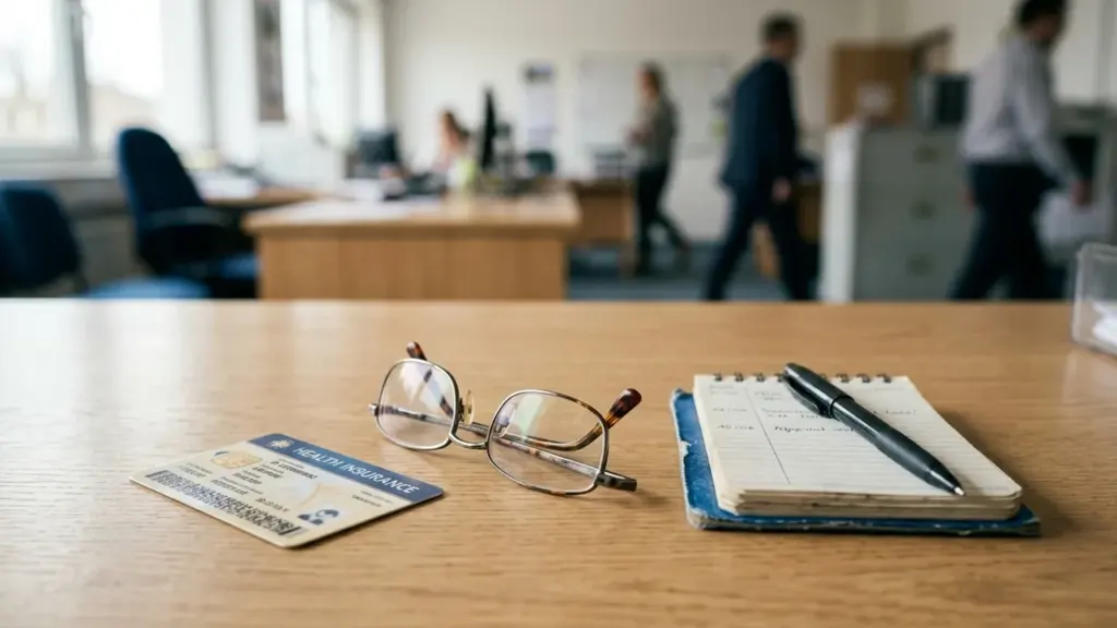 Une carte d'assurance santé, des lunettes et un carnet avec un stylo sur un bureau.