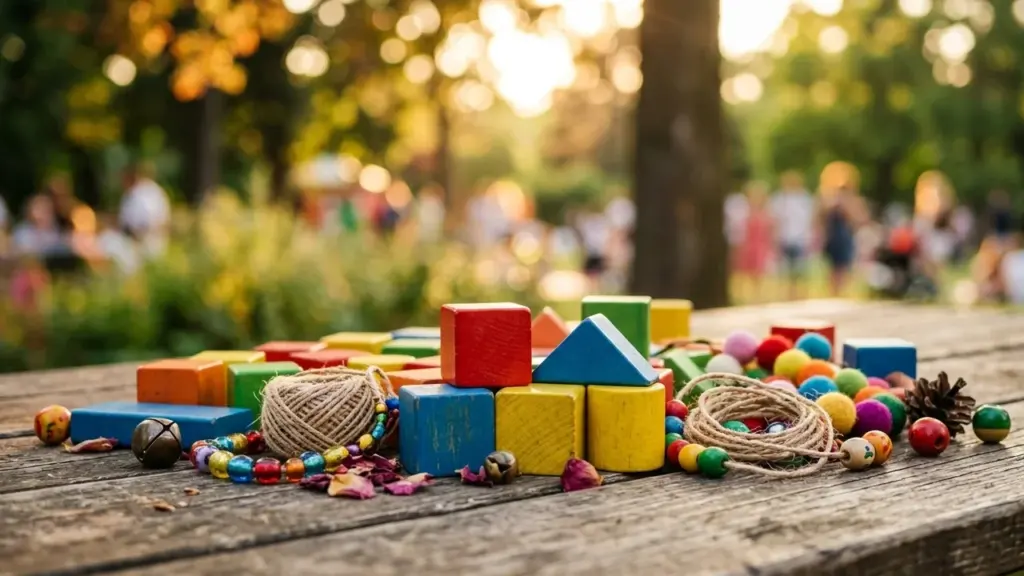 Des blocs de bois colorés et des perles éparpillés sur une table en bois extérieure.