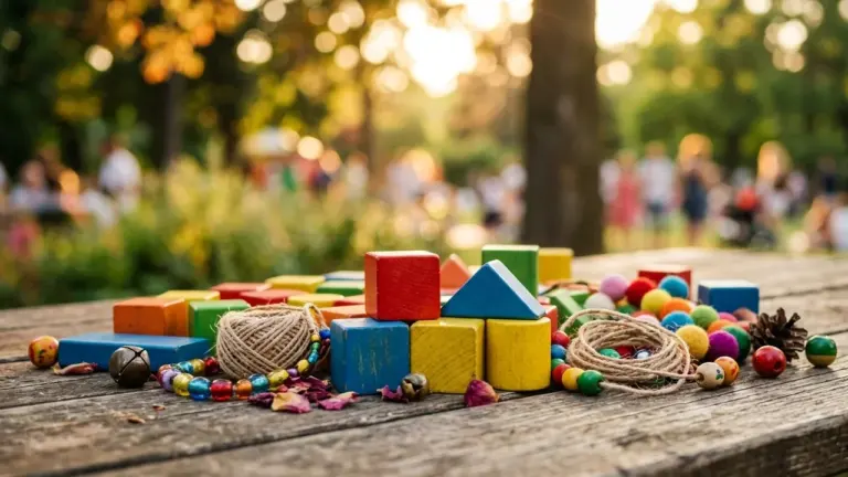 Des blocs de bois colorés et des perles éparpillés sur une table en bois extérieure.