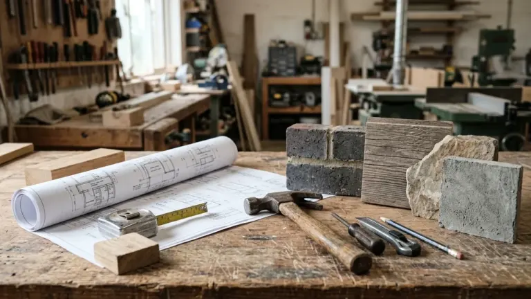 Un plan architectural, des outils et des échantillons de matériaux posés sur un établi en bois.