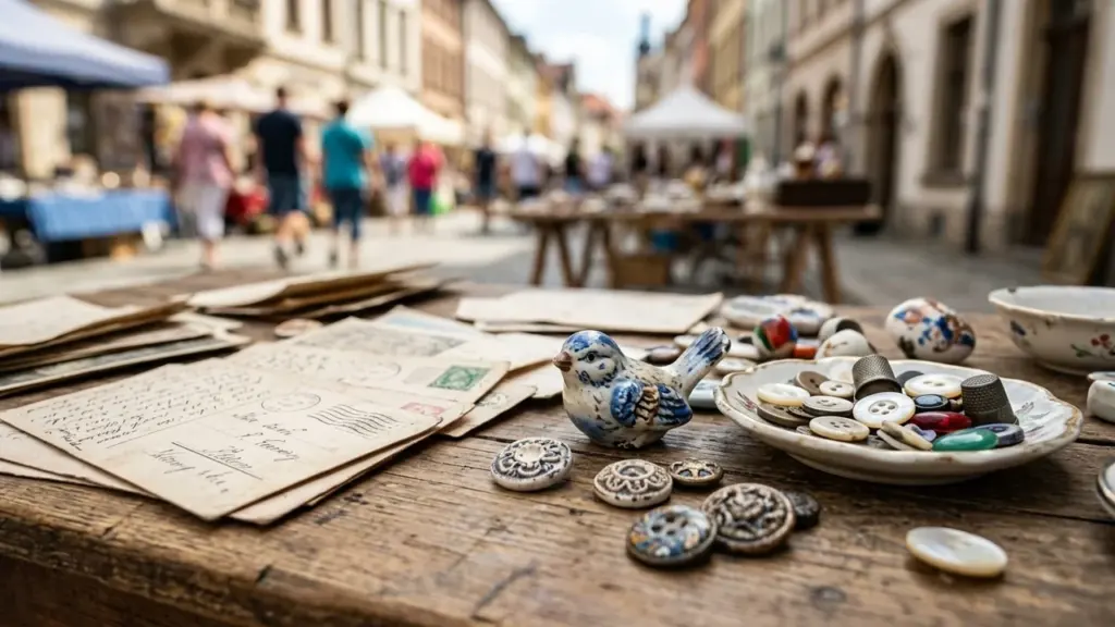 Une table en bois avec des cartes postales anciennes, des boutons et un oiseau décoratif.