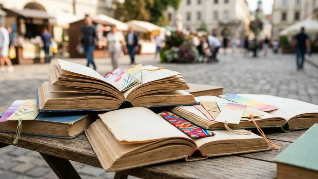 Plusieurs livres anciens ouverts sur une table en bois dans une rue piétonne animée.