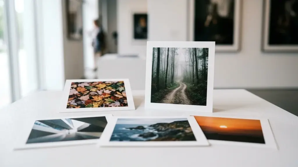 Plusieurs tirages photographiques posés sur une table blanche dans une galerie d'art moderne.