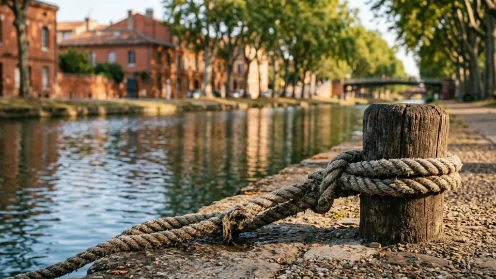 Une corde épaisse attachée à une borne en bois au bord du Canal du Midi.