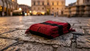 Une écharpe en laine à carreaux rouges et noirs posée sur des pavés anciens.