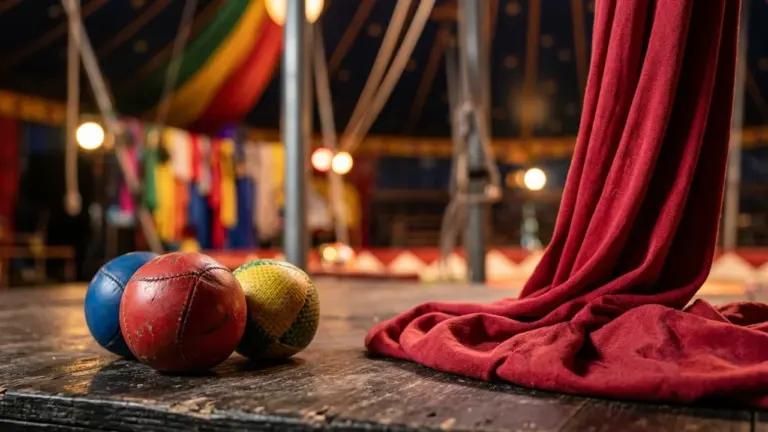 Trois balles de jonglage colorées posées sur une scène de cirque en bois sombre.