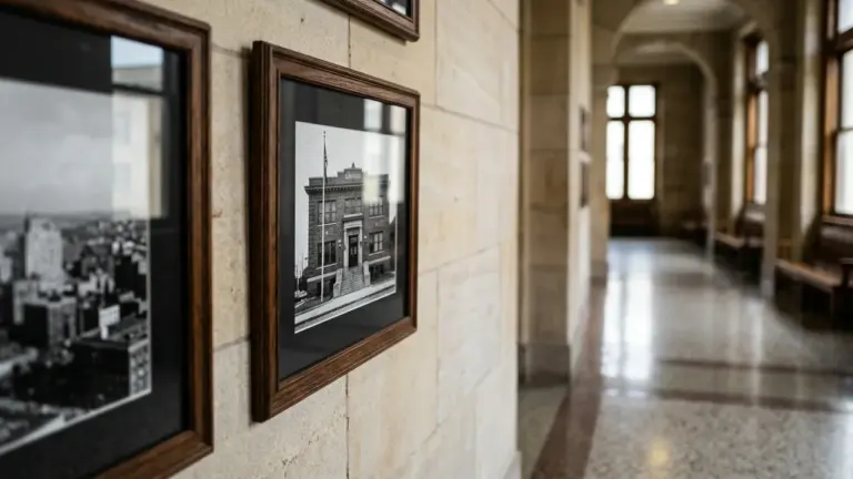 Des photos en noir et blanc encadrées sont accrochées sur un mur en pierre beige.