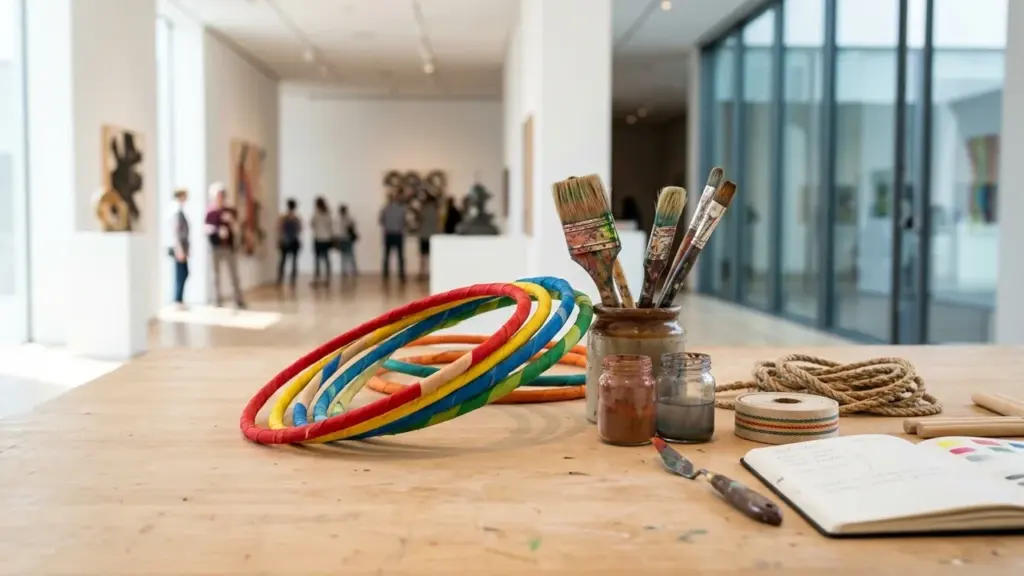 Des pinceaux et des cerceaux colorés posés sur une table dans une galerie d'art.