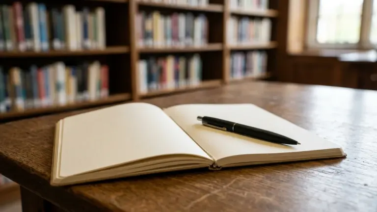 Un carnet ouvert avec un stylo noir posé sur une table en bois.