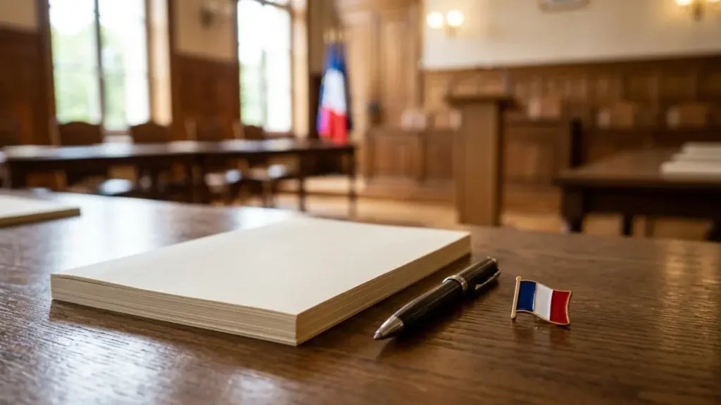 Un stylo, une pile de feuilles blanches et un insigne français sur une table