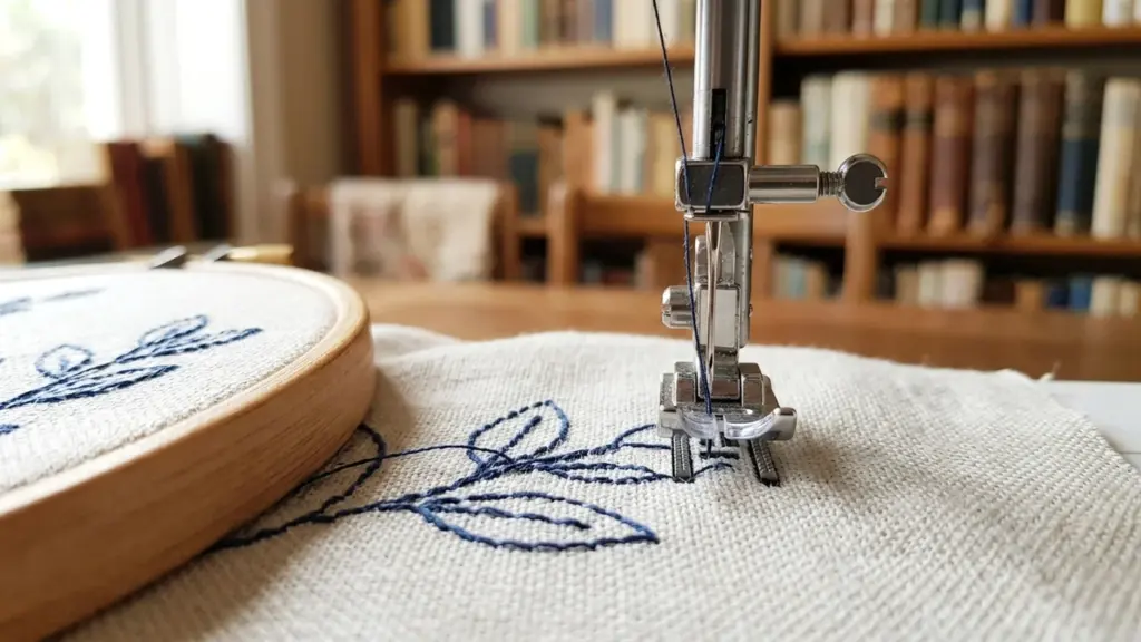Gros plan sur un pied de machine à coudre brodant des motifs végétaux bleus.