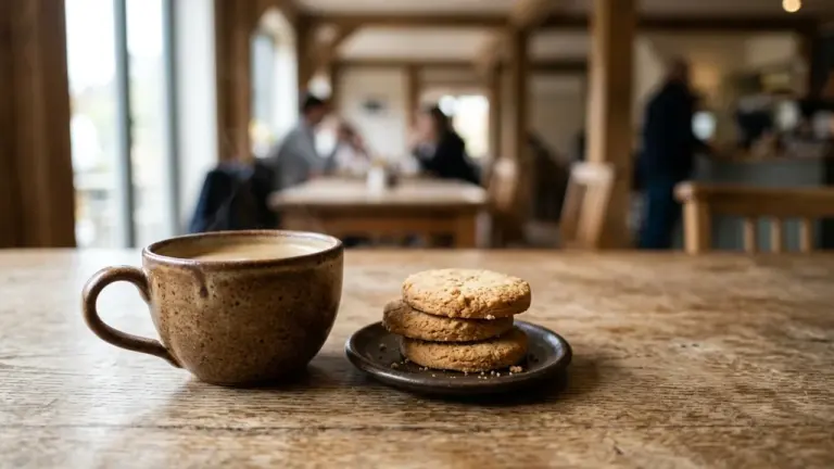 Une tasse de café fumant et trois biscuits posés sur une table en bois rustique.