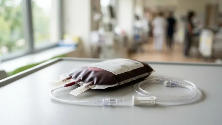 Une poche de sang avec tubulure posée sur une table dans un couloir d'hôpital.