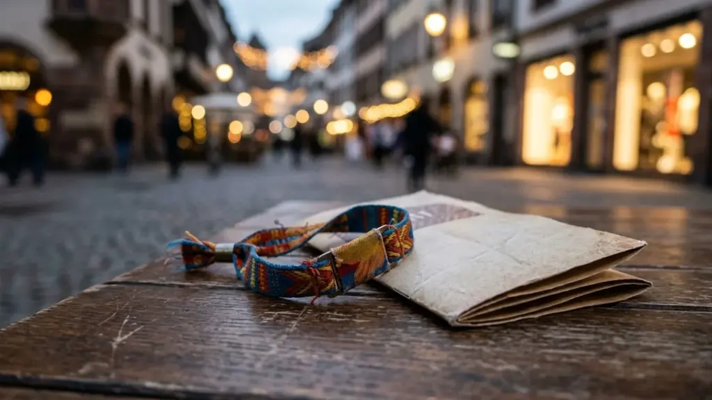 Un bracelet coloré et un dépliant posés sur une table en bois en extérieur.