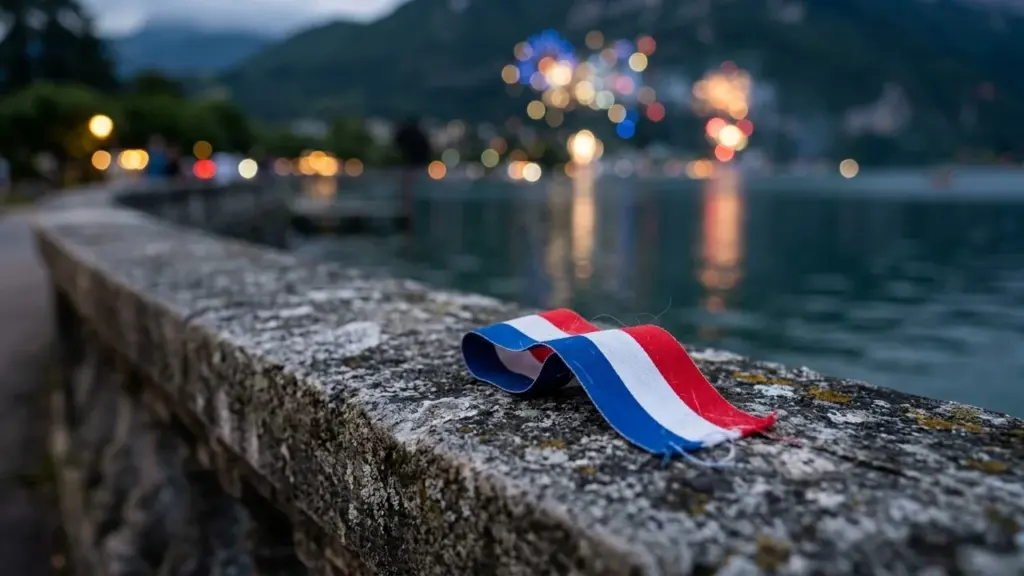 Un ruban aux couleurs tricolores posé sur un muret en pierre près d'un lac.