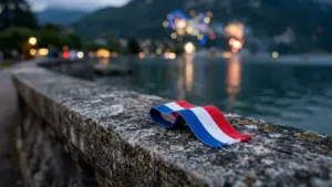 Un ruban aux couleurs tricolores posé sur un muret en pierre près d'un lac.