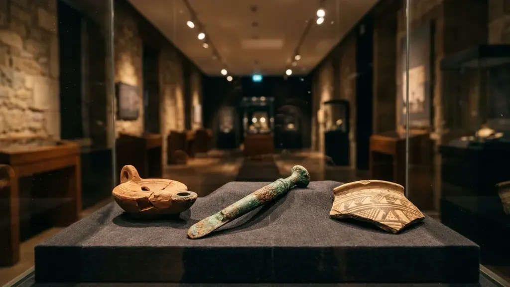 Objets archéologiques en terre cuite et métal exposés dans une vitrine de musée éclairée.