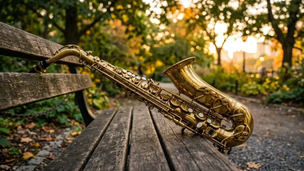 Un saxophone en laiton posé sur un banc en bois dans un parc automnal.