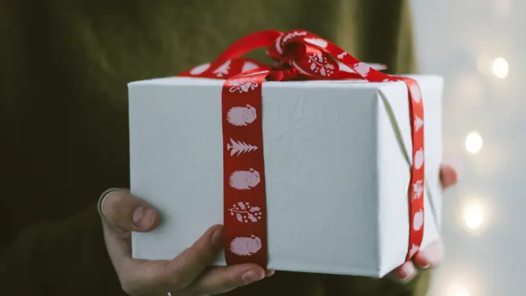 Une personne tenant un cadeau soigneusement emballé avec un ruban rouge festif.