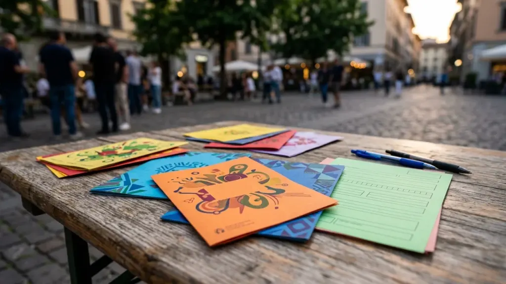 Des brochures colorées et des stylos posés sur une table en bois en extérieur.