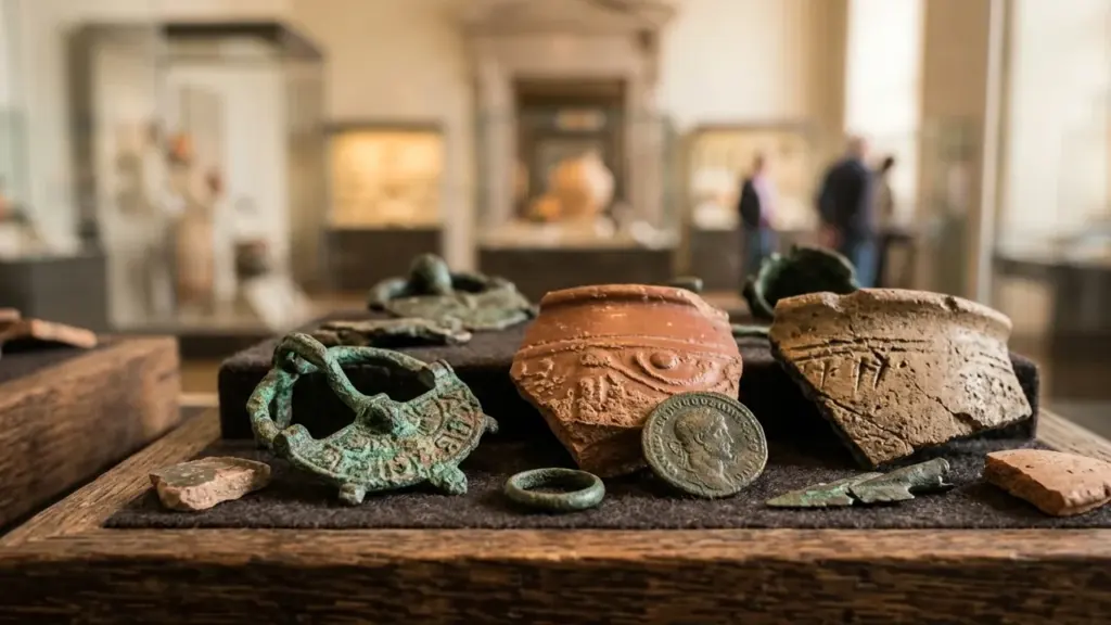 Des fragments de poteries anciennes, des pièces de monnaie et des objets métalliques archéologiques exposés.