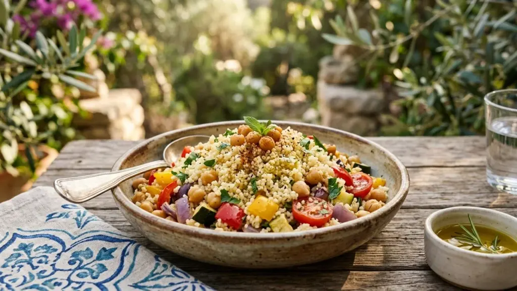 Un bol en céramique rempli de couscous aux pois chiches et légumes colorés sur une table.